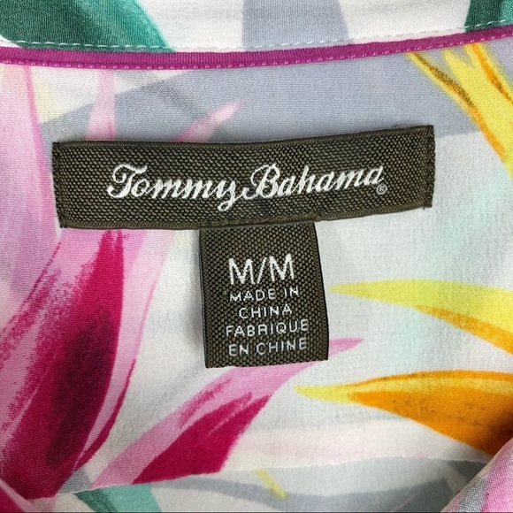 TOMMY BAHAMA 100% Silk Pink/Green/Yellow/Gray Tropical Floral Button Down Blouse - Picture 2 of 16